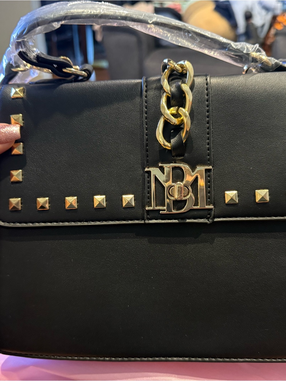 Badgley miska Black Satchel with Gold Chain & Studs